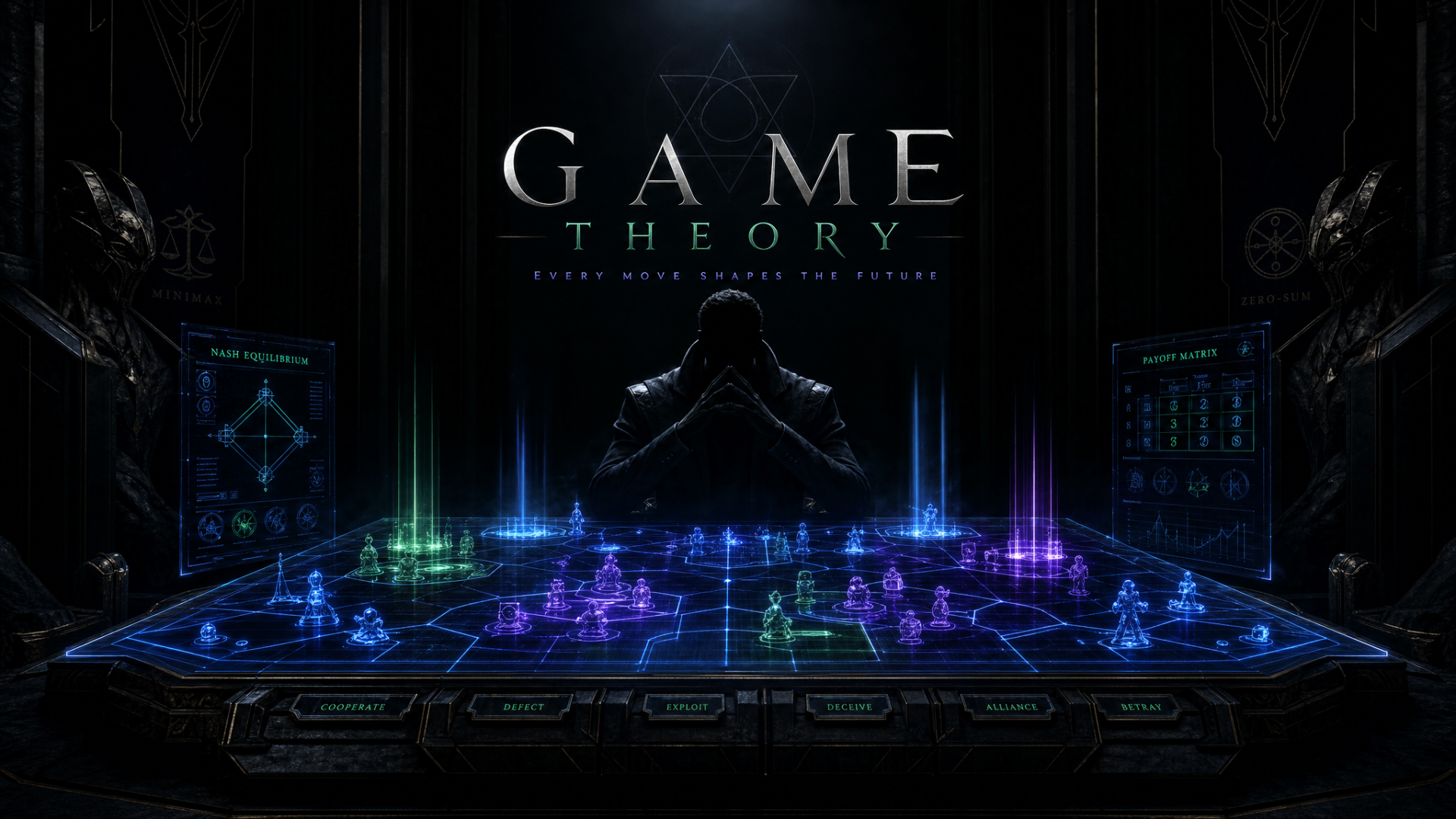 A lone strategist at a glowing hexagonal game board with holographic pieces